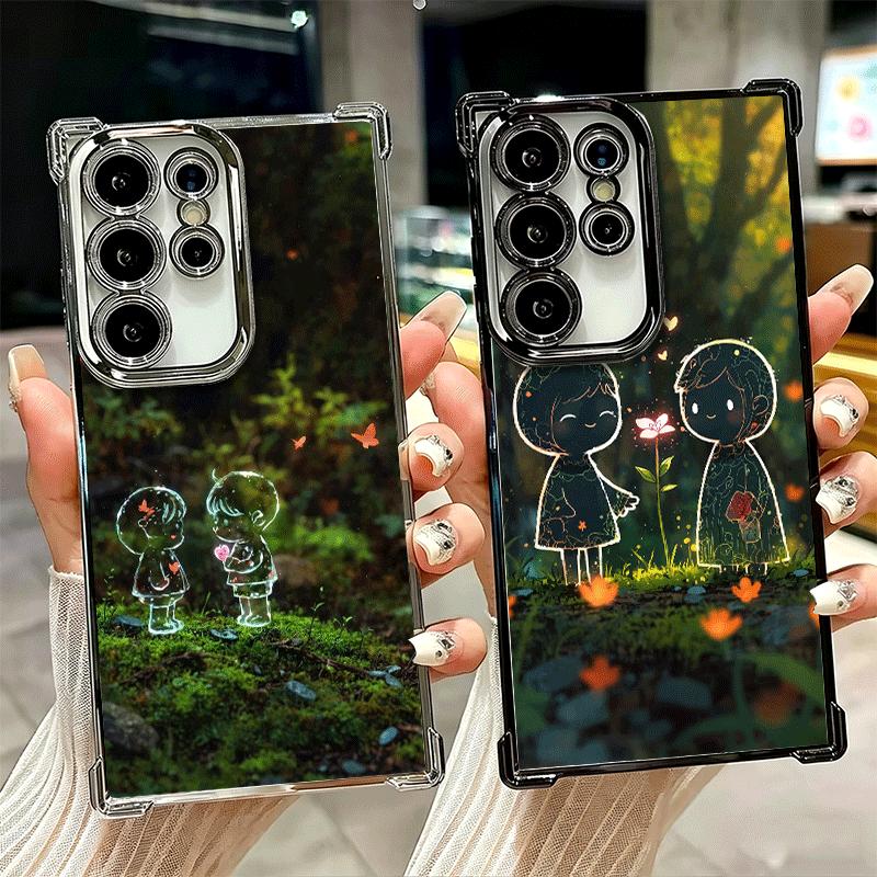 Nature Cute Child Painting Style Plating Phone Case For Samsung Galaxy S24 S25 FE S26 Edge S23 Ultra S22 S21 Plus S20 Anti-Fall