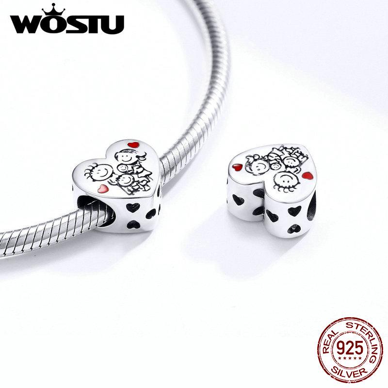 WOSTU Семейные бусины из серебра 925 пробы из стерлингового серебра 925 пробы с подвесками в форме сердца в форме сердца для семьи для браслета