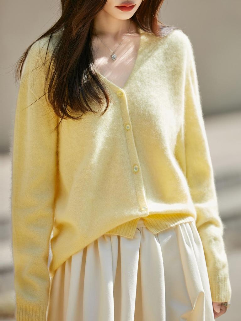 Korean-Style Elegant Wool Knit V-Neck Cardigan for Women - 2025 Fashion Collection