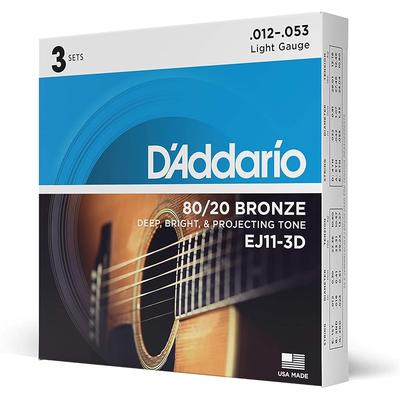 Струны для акустической гитары D'Addario EJ11 80/20 Бронза Light .012-.053 Набор из 3 шт.