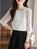 Рубашка Блузка для Элегантная Свободная Для Повседневной Носки Большая Осень [Lalapala] Женская, Шифон, Топ, Посадка, Однотонная, Стройнящая, Взрослая, Стильная, Элегантная, Универсальная, 3/4