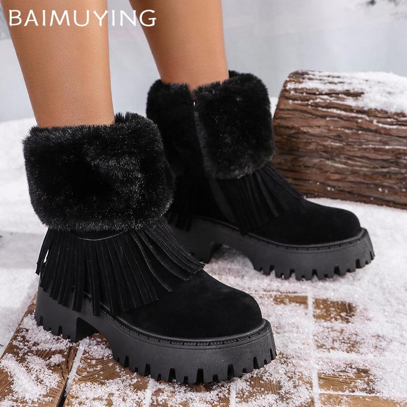 Женские зимние ботильоны на платформе с леопардовыми кисточками, замшевые меховые туфли на среднем каблуке, короткие плюшевые зимние ботинки 2025 года, тренд, теплые ботинки для женщин
