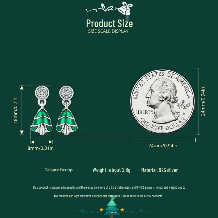 Yinziyun Christmas Tree Sterling Silver Stud Earrings for Women - Trendy Green Enamel Holiday Jewelry.