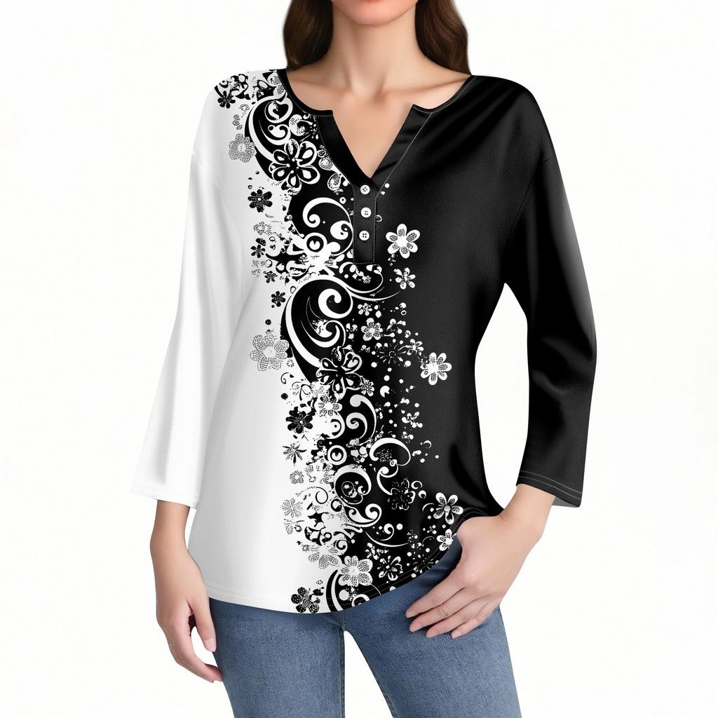 Жен. Футболка С принтом Пуговицы Рукав 3/4 Повседневные Выходные Мода Классический Классический V-образный вырез Обычный Верх