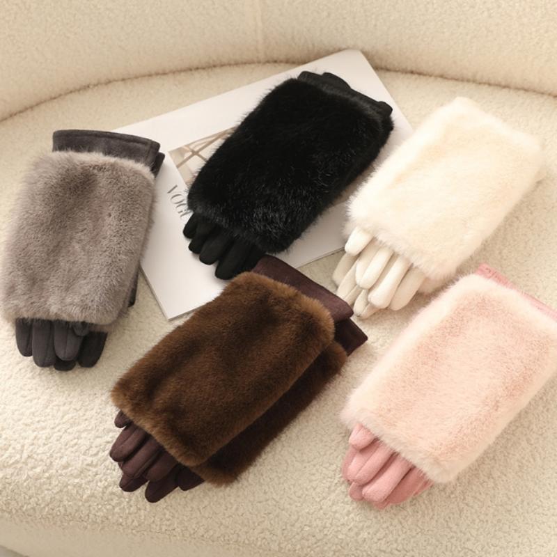 Женские осенне-зимние перчатки из кроличьего меха плюс бархатные утолщенные ветрозащитные и теплые перчатки для верховой езды, устойчивые к холоду, замшевые перчатки с сенсорным экраном