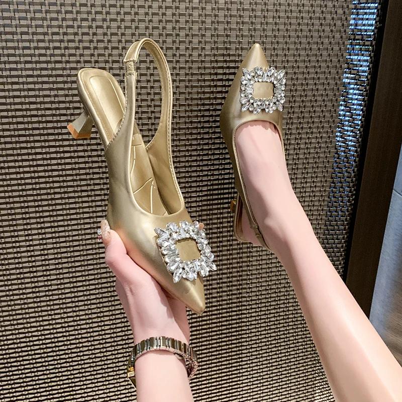Модные летние туфли на каблуке для женщин, украшенные стразами, с острым носком, на тонком каблуке, женские туфли с открытой пяткой, сексуальные туфли для вечернего платья, женские туфли на высоком каблуке