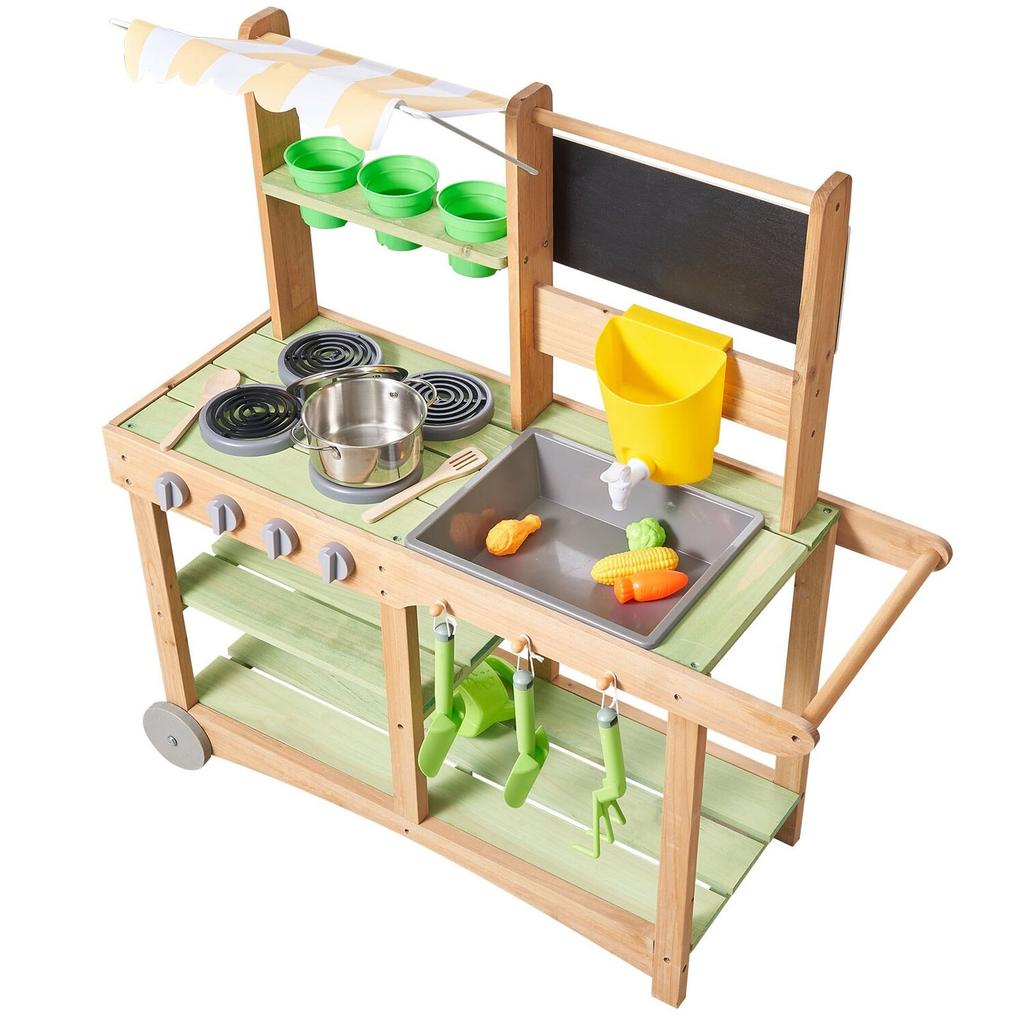 Mud Kitchen, Outdoor Mud Kitchen for Kids, Wood Outdoor Play Kitchens with Spoons, Sink, Sunshade Canopy, Swivel Wheels, Cookware Pots and