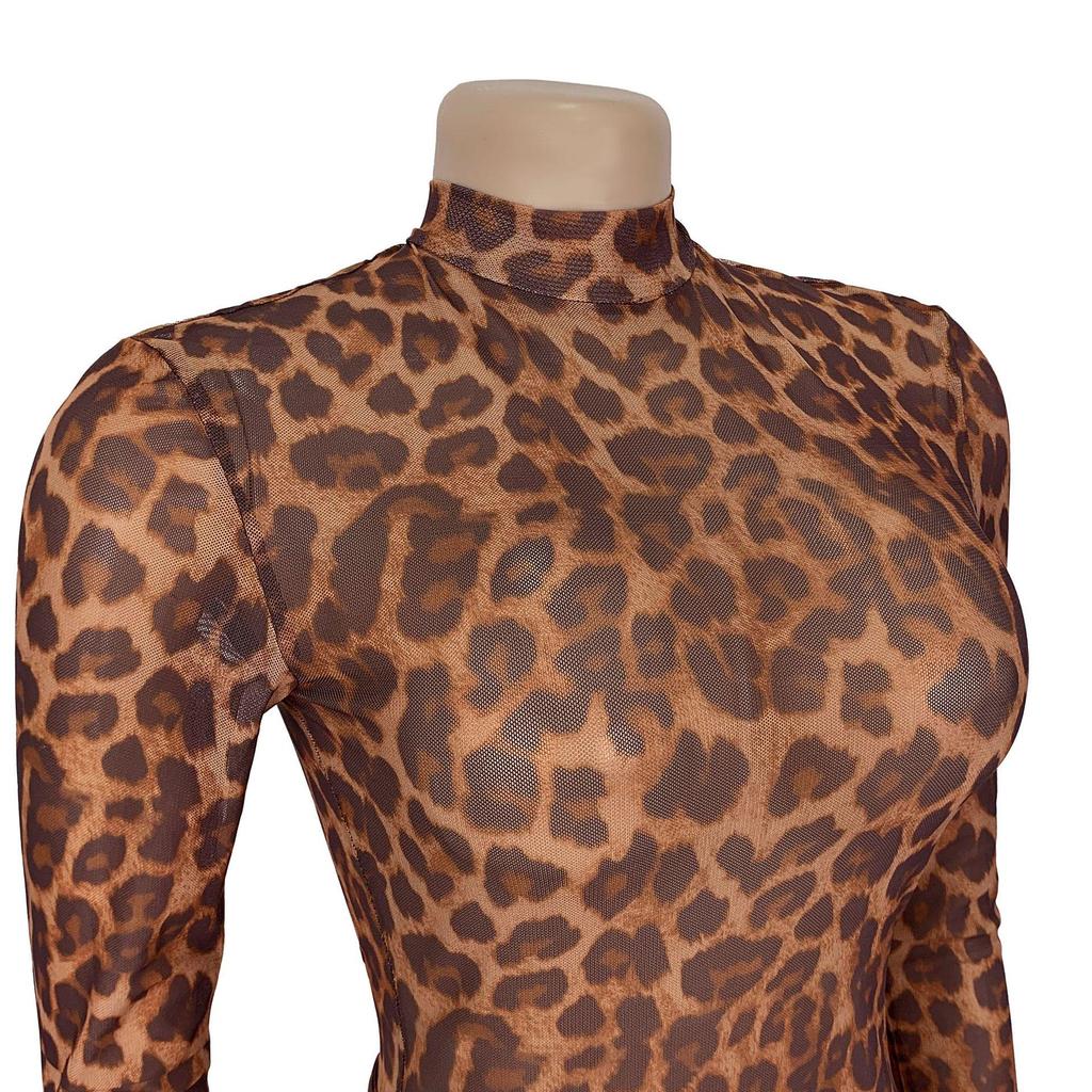 Women's Sexy Leopard Print Long Sleeve Split Dress