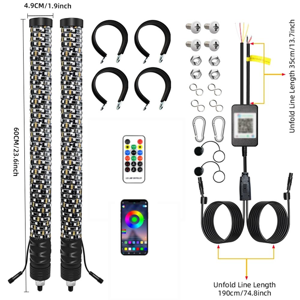 2-футовая RGB светодиодная антенна для RZR с флагом, светодиодные хлысты, управление через приложение и пульт, спиральные огни, аксессуары для бездорожья и UTV