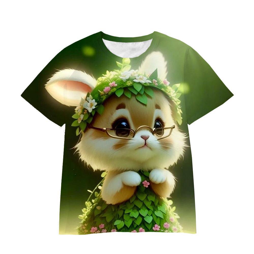 Summer Round Neck 3D Cartoon Furry Animal Print Top Fashionable Casual Short Sleeved Children's Boy and Girl Universal T-shirts