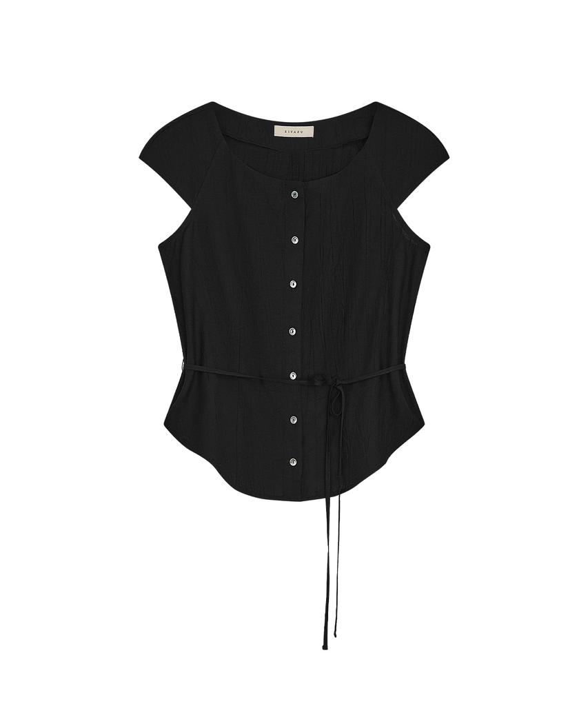 Блузка Siyajyu Sitp5281 с коротким рукавом и эффектом мятости_Черная
