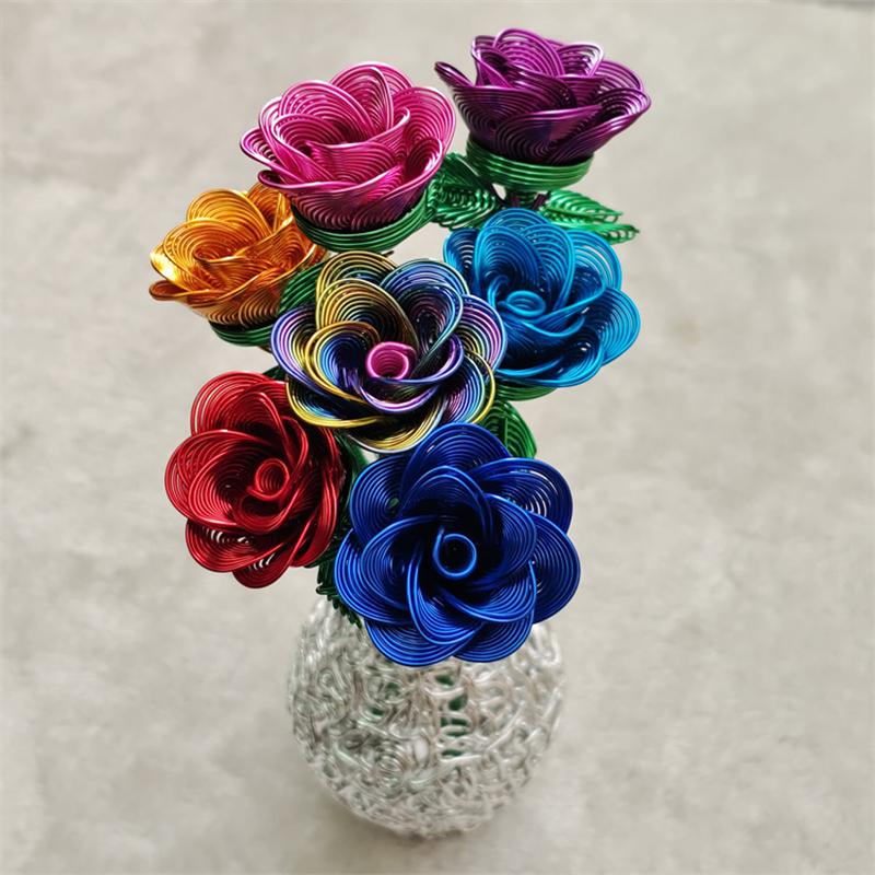 1PC Artificial Flower Couple Rose Gift Handmade Woven Rose Handicrafts Ornaments Aluminum Wire Rose Metal Model 23cm