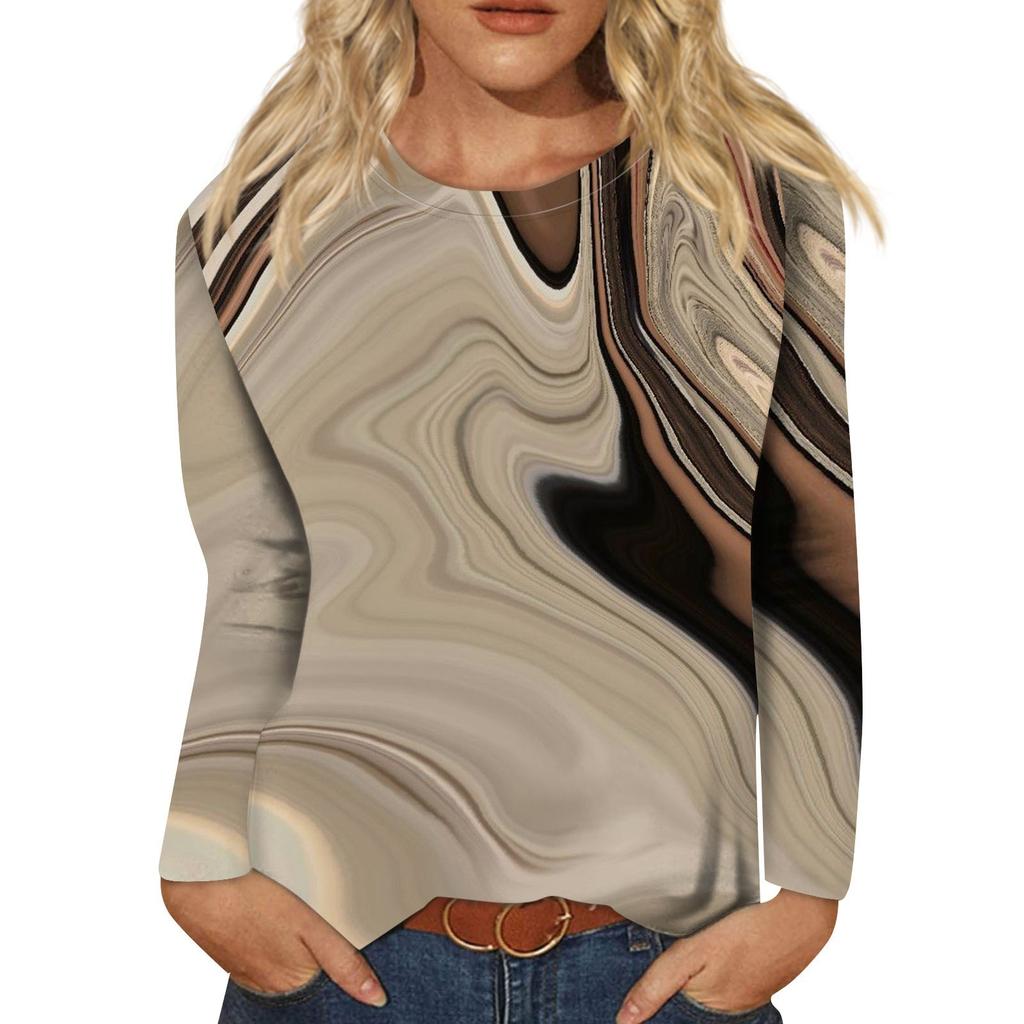 Women's Fashion Casual Long Sleeve Print Round Neck Pullover Top Blouse