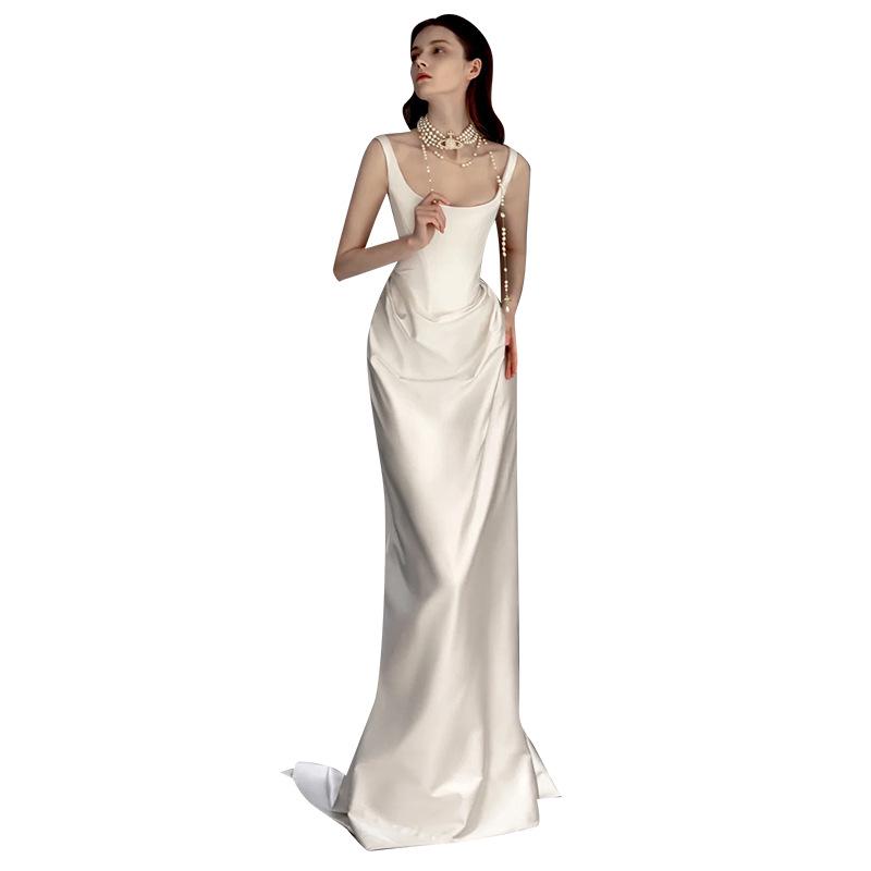 2025 Retro Satin Light Wedding Dress - Simple Spaghetti Strap Gown with Small Train
