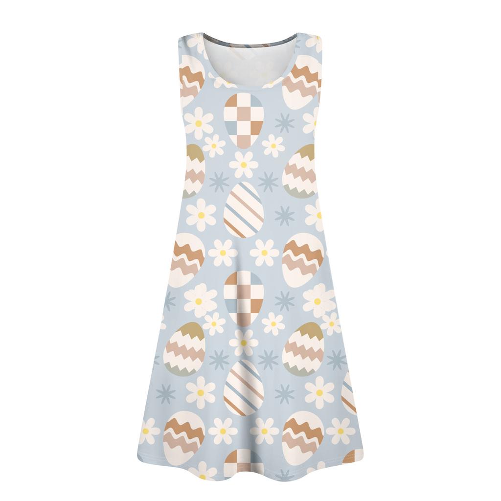 Womens Summer Dresses Easter Print  Loose U Neck Sleeveless Sundresses Dress With Pockets