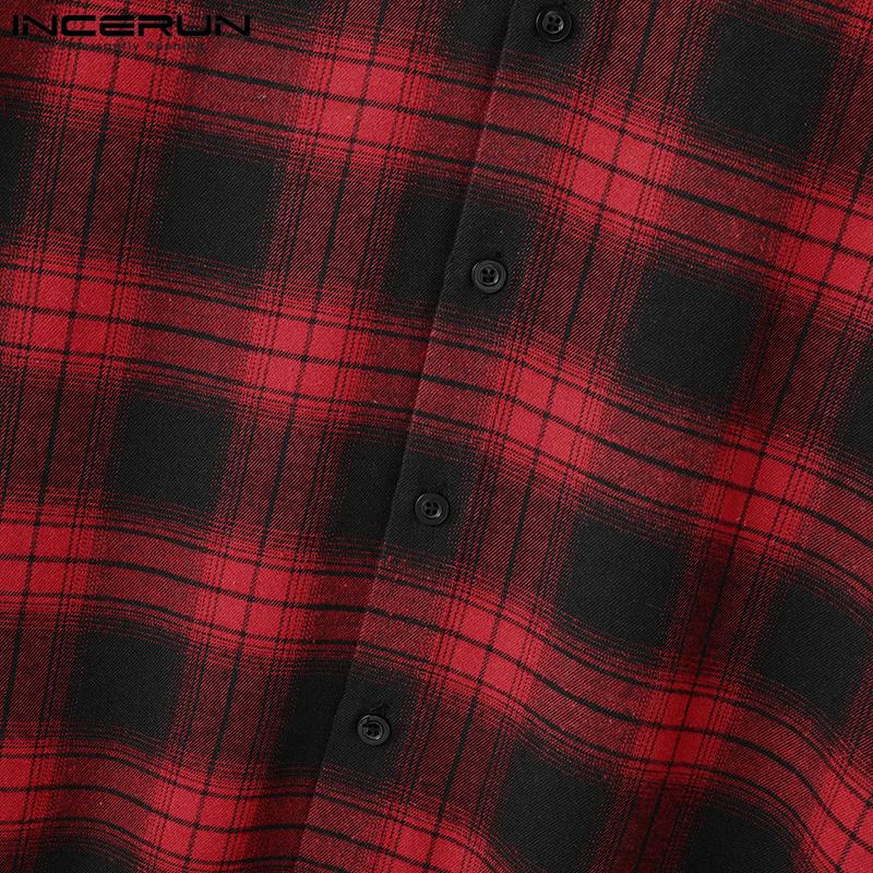 INCERUN Большие мужские рубашки с воротником-стойкой и длинным рукавом в клетку, повседневные туники