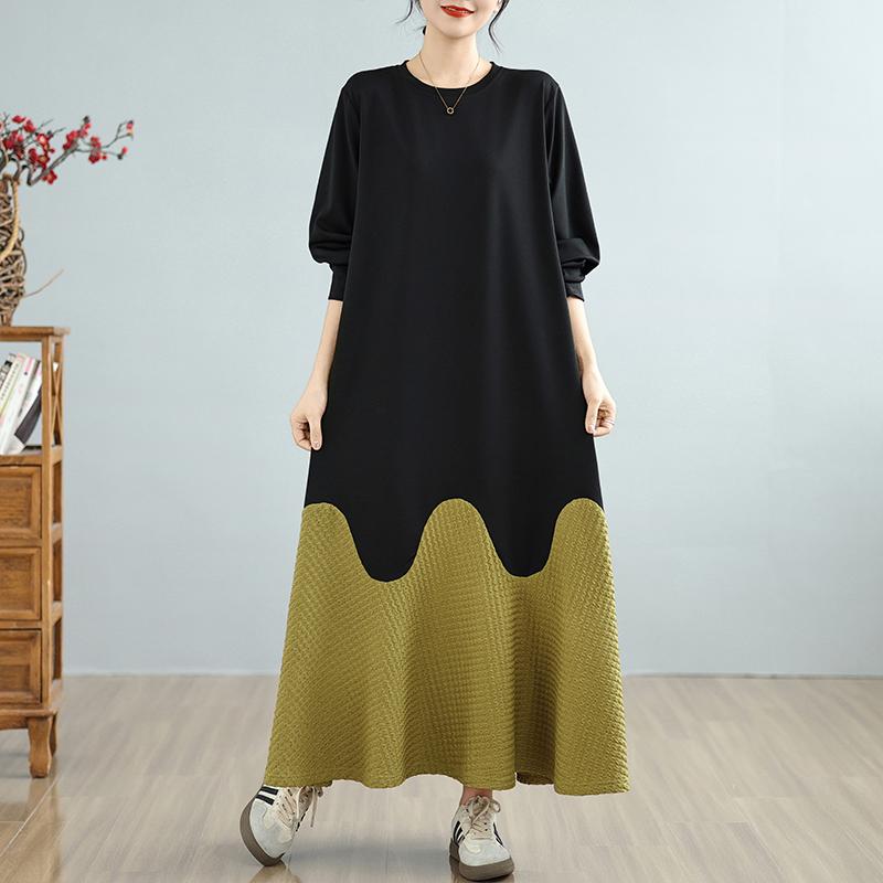 DIMANAF Женское 2025 Весна Большой Размер Повседневное Платье Базовое Свободное Винтажное Длинное Платье Макси Длинный Рукав Новое