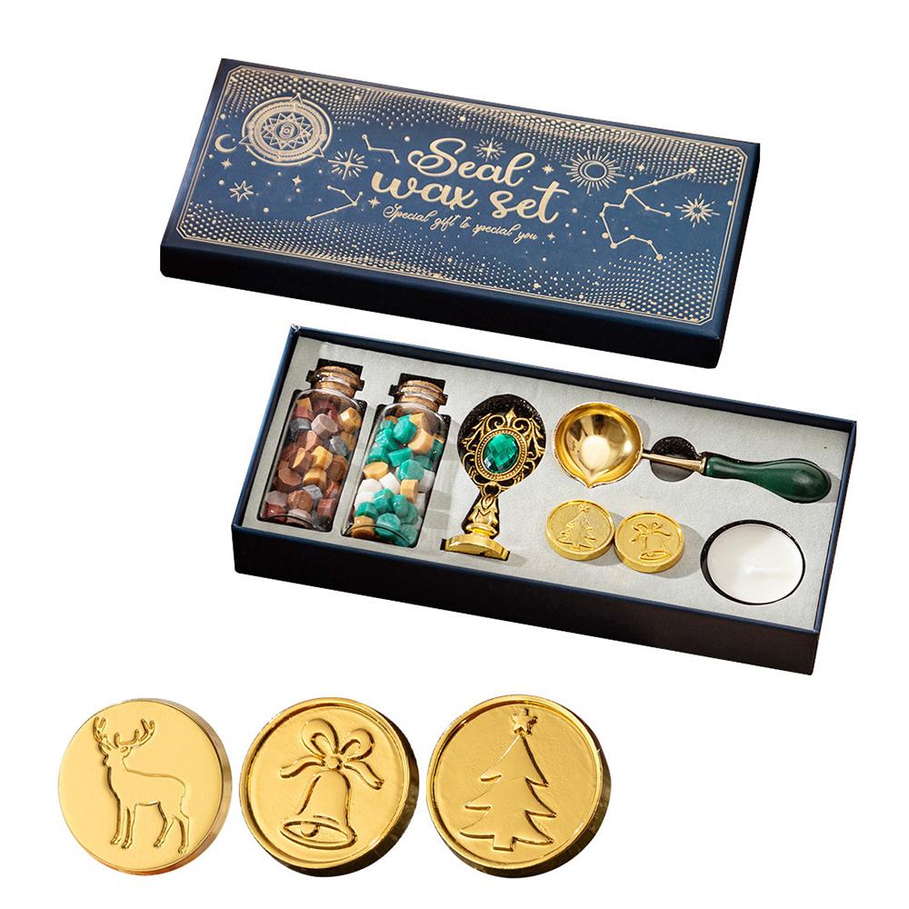 Wax Seal Stamp Kit with 3pcs Seal Stamp and Bottle of Wax Beads SpoonCandle for Christmas Vintage