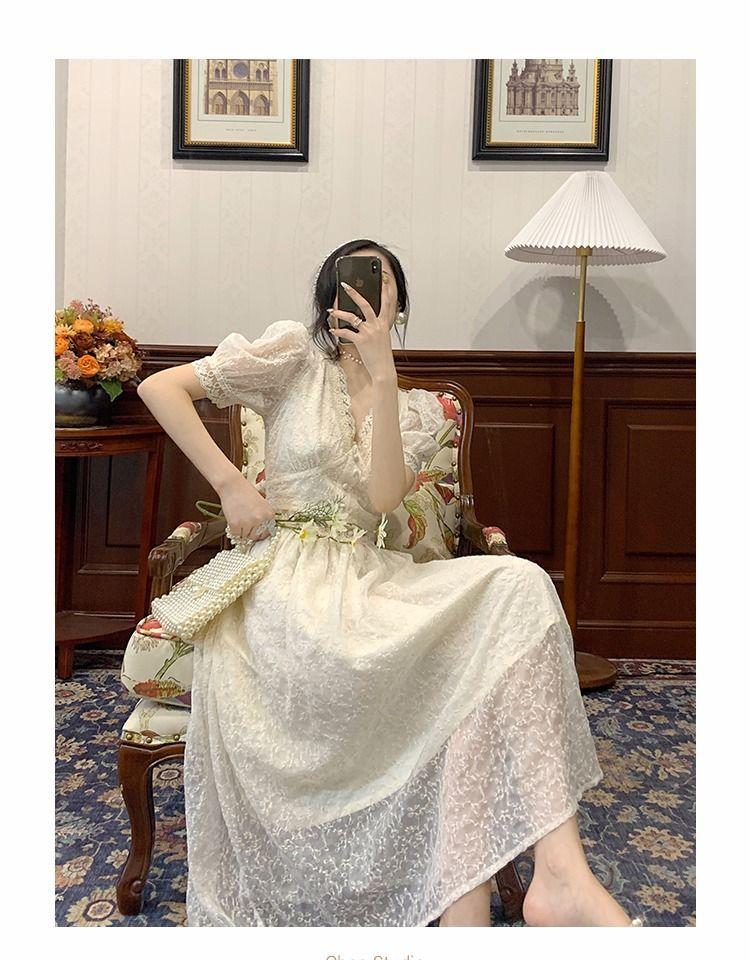 Цельное платье, корейское элегантное винтажное платье с v-образным вырезом, женское кружевное платье с пышными рукавами, вечернее платье для женщин, лето 2021, шикарное