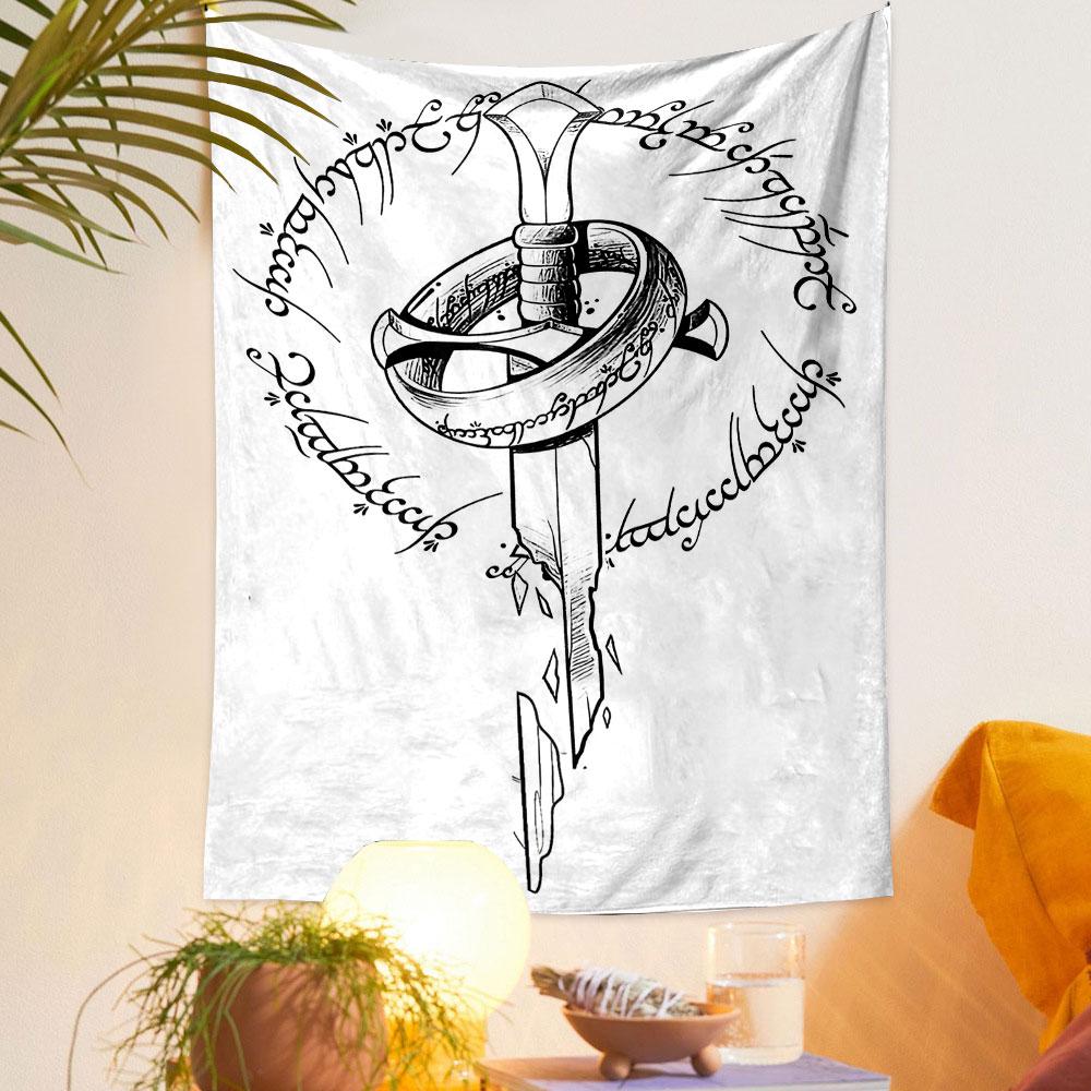 Sword and Ring with Elvish Script Patterned Tapestry Decorative Wall Hanging, Home Bedroom Living Room Decor