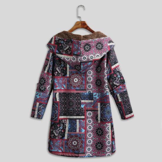 Women's Fleece Jacket Fall Winter Ethnic Printed Hooded Jacket Warm Long Sleeve Outwear Coat with Button Front for Daily Wear Outdoor Activities