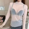 Women Tops Lace Garmented Half-High Neck Long Sleeve T-shirt Solid Color See-through Mesh Yarn Bottoming Tops