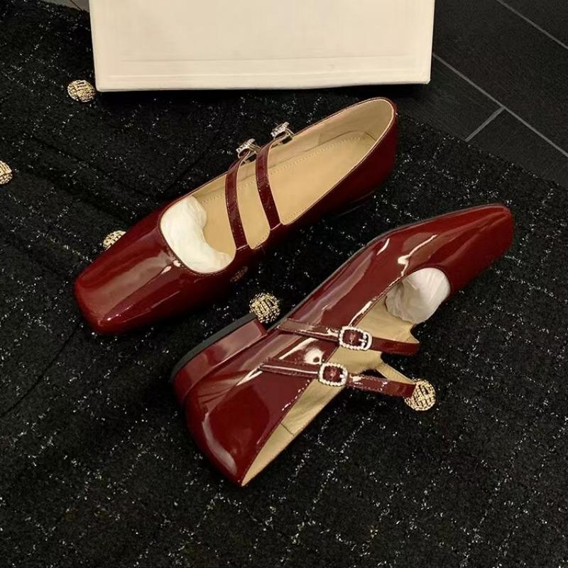 Fashion Spring New Single Shoes Women's Square Head Shallow Mouth One Word Buckle Soft Sole Anti-slip Wear-resistant Low Heel Shoes