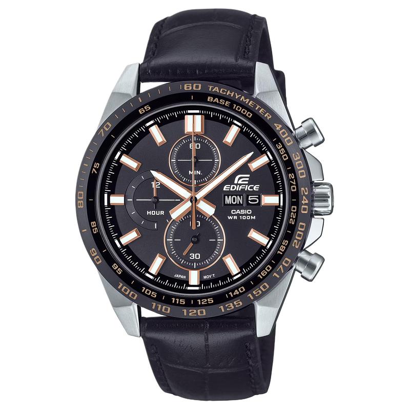 Casio EDIFICE 100 метров водонепроницаемость, отображение даты и дня недели, Кварцевый, кожаный ремешок, , мужские часы, черный циферблат EFR-574BL-1AV