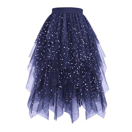 Женская юбка Звездное небо Двухслойная сетка Высокая талия Неровный подол Асимметричный высокий разрез Юбка для вечеринки/выступления
