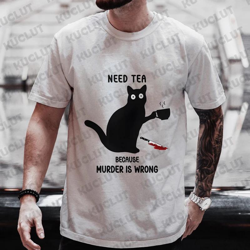 Мужская уличная одежда Cat Lover Funny Coffee Because Murder Print Футболка с коротким рукавом и круглым вырезом Уличная летняя футболка