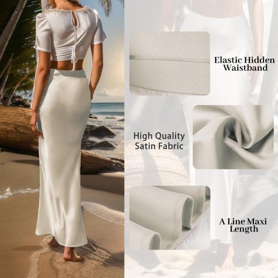 Women Elegant Faux Silk Satin Skirt High Waist Fishtail Skirt A-Line Solid Color Glossy Office