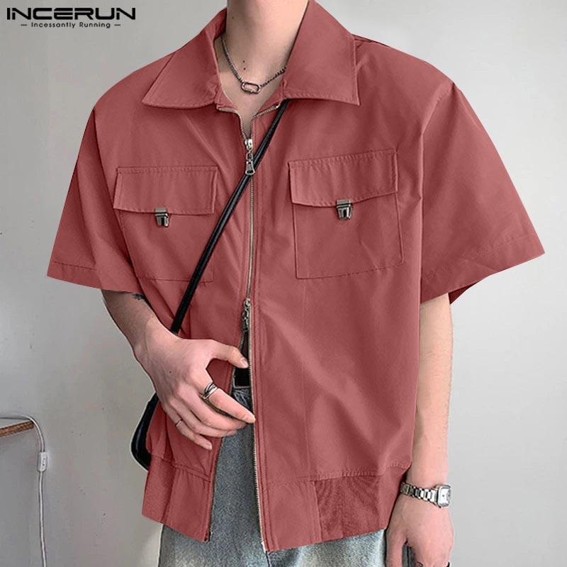 INCERUN Мужские повседневные рубашки-карго с воротником-лацканами и коротким рукавом на молнии