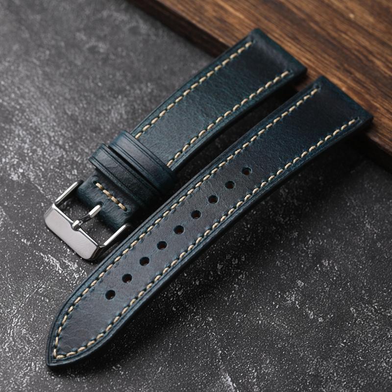 For Handmade First Layer Cowhide Leather Watchband 18 19 20 22 24MM Glossy Oil Wax Leather Blue Brown Men Watch Bracelet Vintage