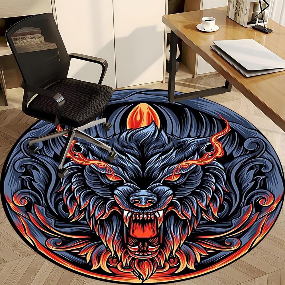 1pc Wolf Head Design Chair Carpet for Office, Round Non Slip Durable Large Size Office Carpet, Suitable for Office