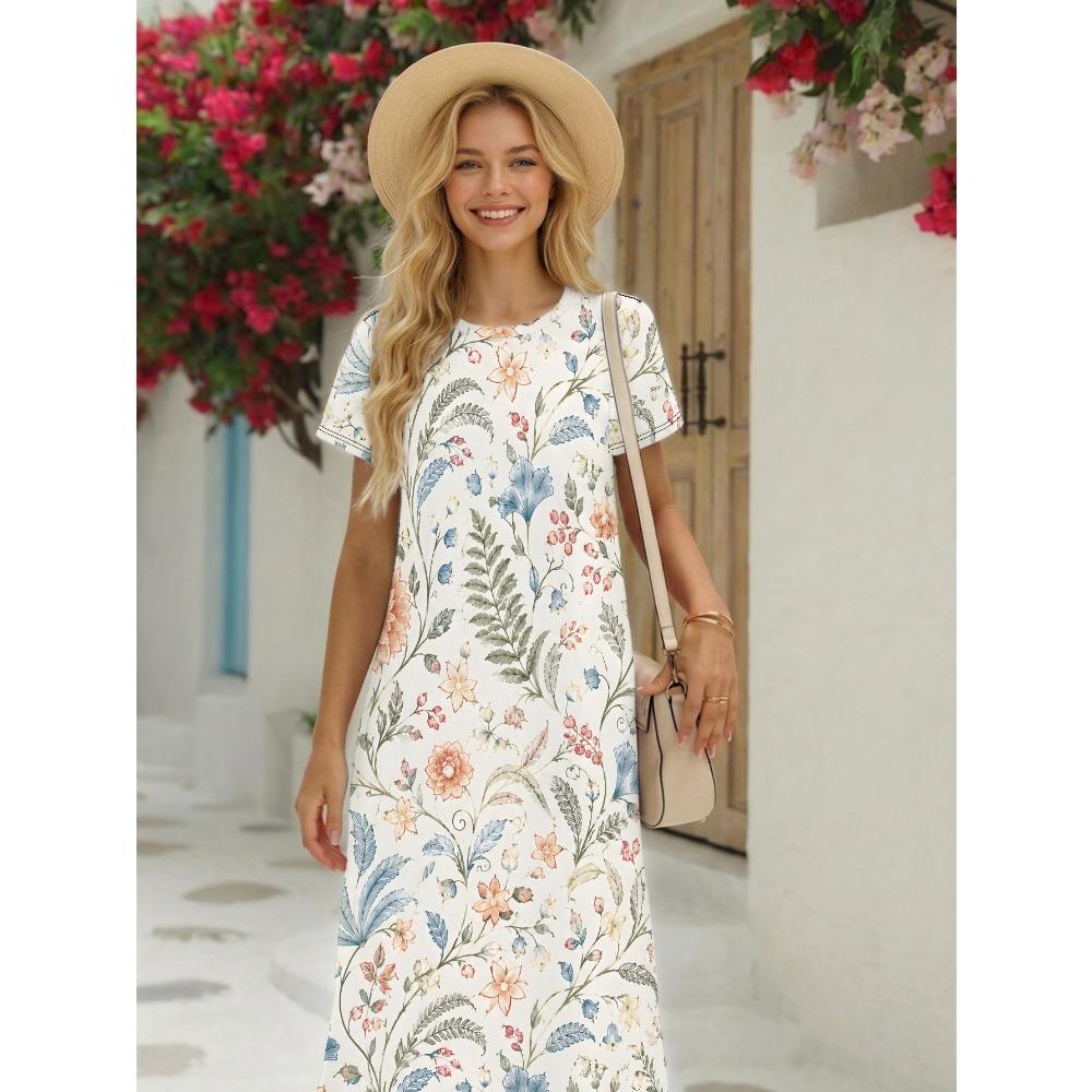 Women's Short Sleeve T-Shirt Dress - Short Sleeve and Crew Neck Full Body Vintage Print Maxi Dress