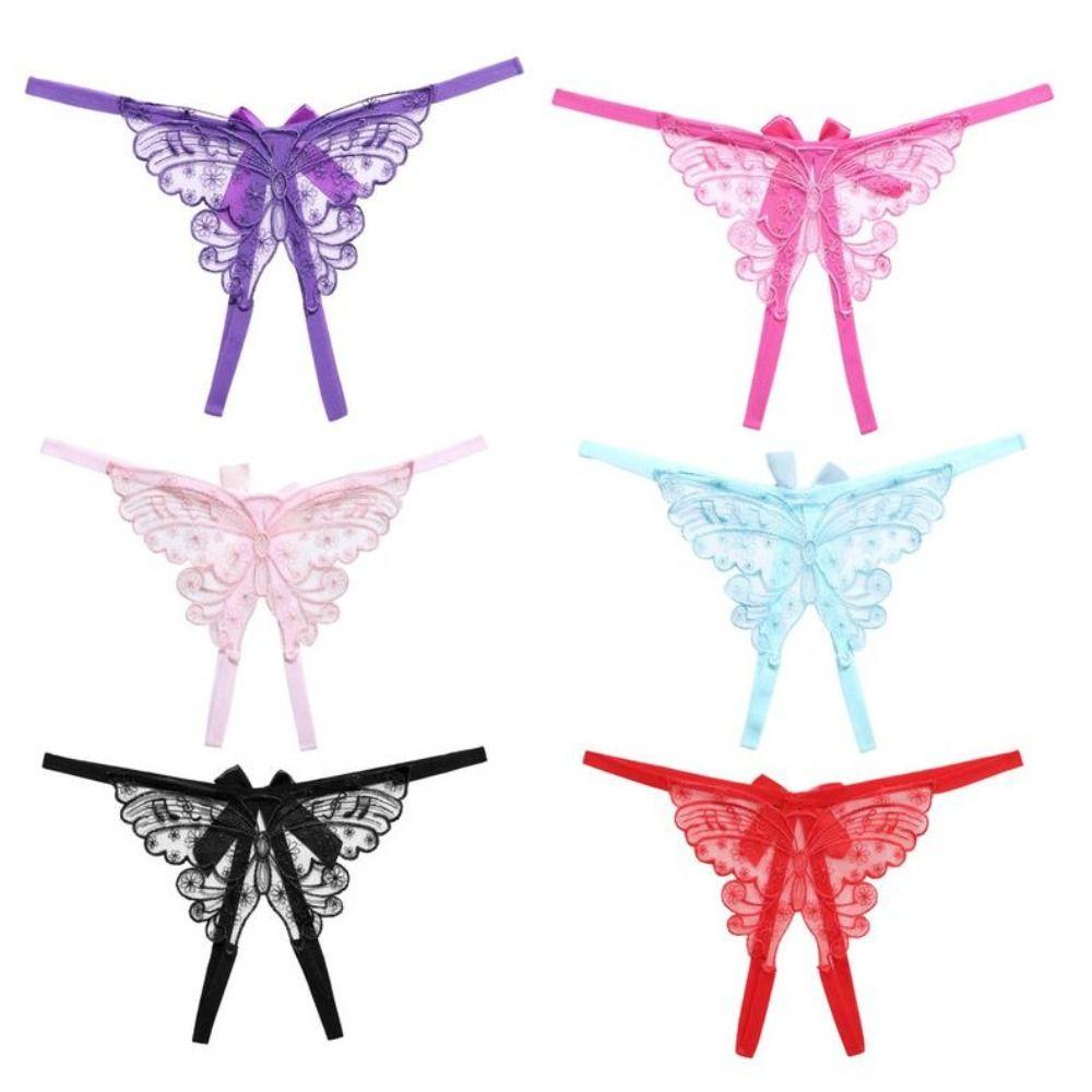 Open Crotch Sexy Mesh Thongs Butterfly Bowknot T-Pants Lingerie Lace Embroidered Panties Women