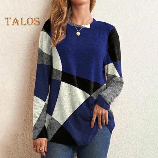 Женские топы с круглым вырезом и длинным рукавом, контрастный цвет, геометрический принт, свободная футболка, повседневные пуловеры, топы