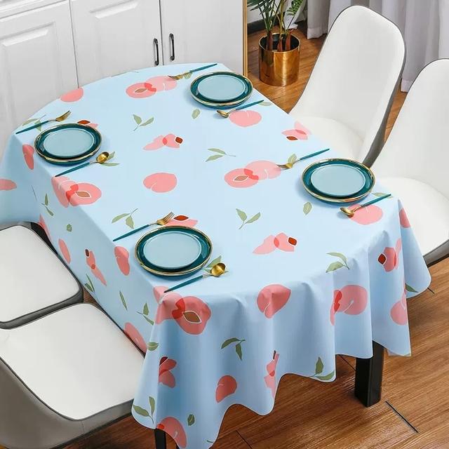 Овальная скатерть из ПВХ со свежими цветами, водонепроницаемая, маслостойкая, с геометрическим рисунком, легко чистящаяся, декор для кофейной, обеденной скатерти