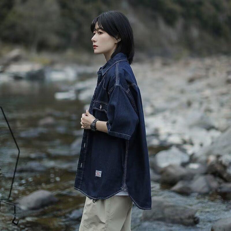 Японский ретро модный бренд летняя свободная джинсовая рубашка с короткими рукавами художественная молодежная рабочая рубашка мужская и женская многослойная куртка