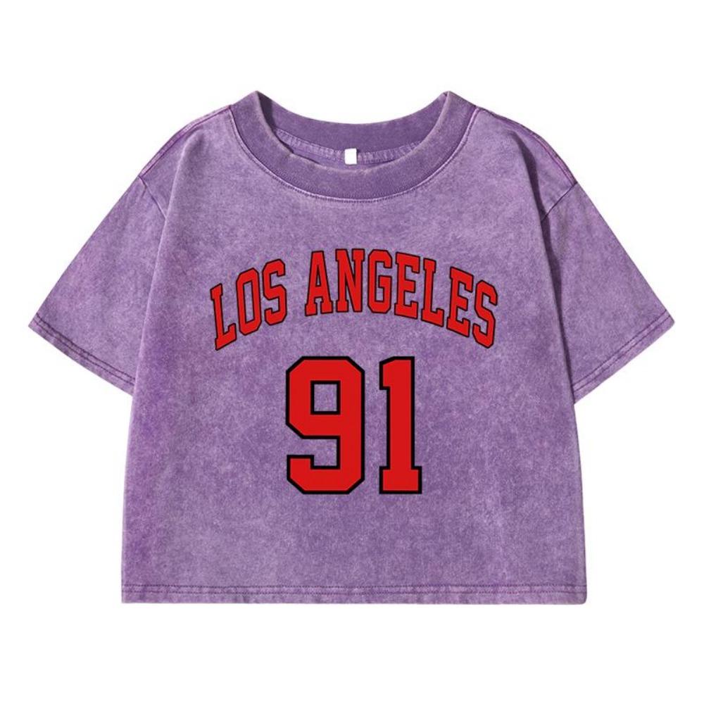 Лос-Анджелес 91Принт Женская Выстиранная Короткая Футболка Модная Футболка с Открытым Животом Уличные Топы Летняя Свободная Одежда