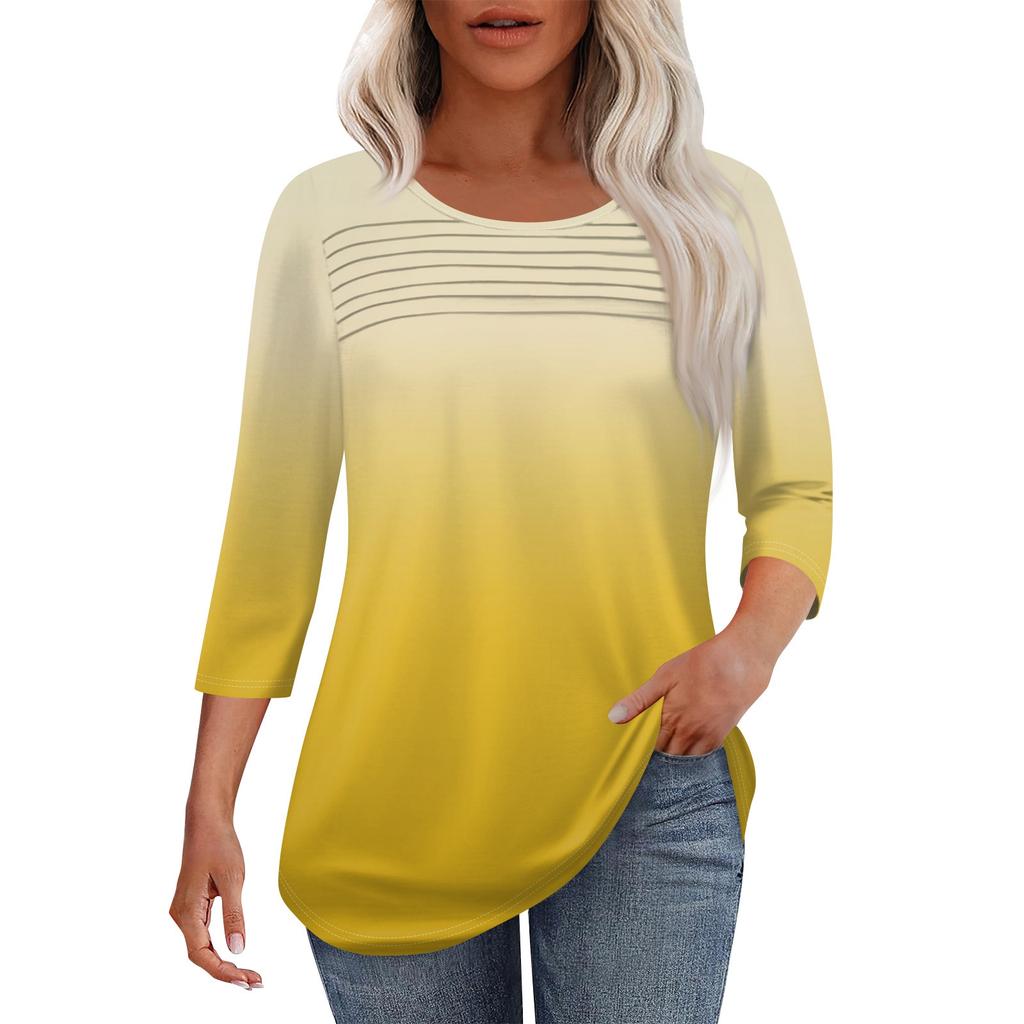 Женская мода круглый вырез шея плиссированная передняя планка однотонный топ рукав 3/4