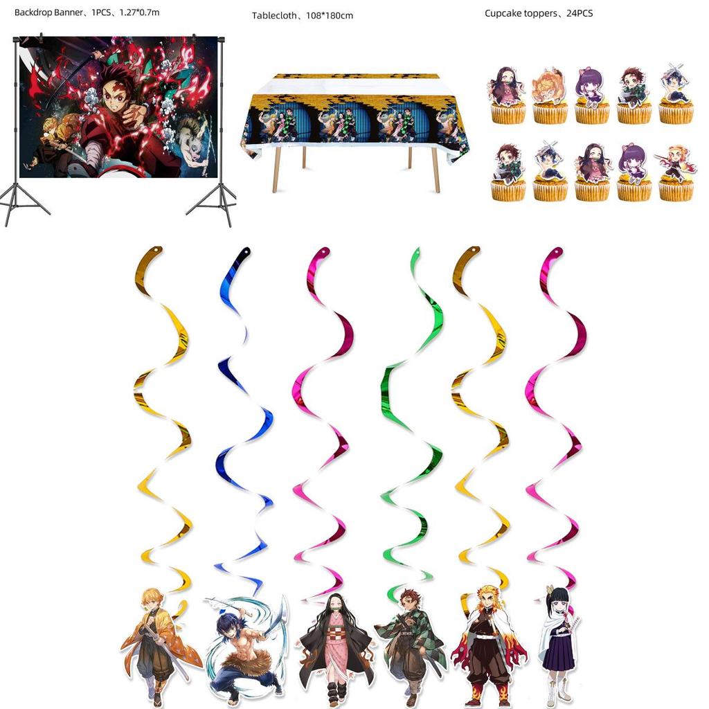 Впечатляющие украшения для детской вечеринки в стиле «Истребитель демонов» с баннерами, воздушными шарами и наклейками