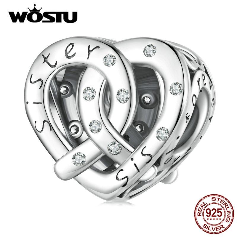 WOSTU 925 Sterling Silver Cubic Zirconia Sister Heart Bead Charms for Women Necklace and Bracelet DIY Jewelry
