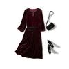 Gentle Graceful Formal Dress! Women's Flocking Beaded Round Neck Nine-Quarter Sleeve Portable Real Velvet Dress Fall and Winter