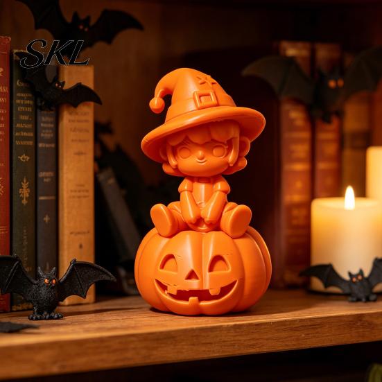 Halloween Entrance Decor 3D Printed Pumpkin Girl Figurine, Spooky Witch Statue, Desktop Sitting on Ornament for Party Decoration