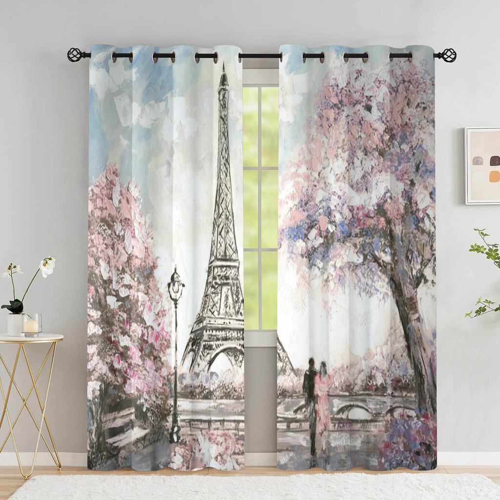 Paris Lover Window Curtain Eiffel Towers Living Room Blackout Curtain For Bedroom Dorm Oil Painting Aesthetic Home Decor 2 Panel