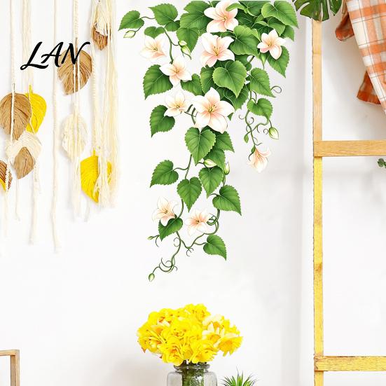 Creative Botanical Room Decor Lily Flower Vine Wall Decals, Hanging Green Plant Leaves Sticker, Removable Indoor Outdoor Glass Window Film Peel
