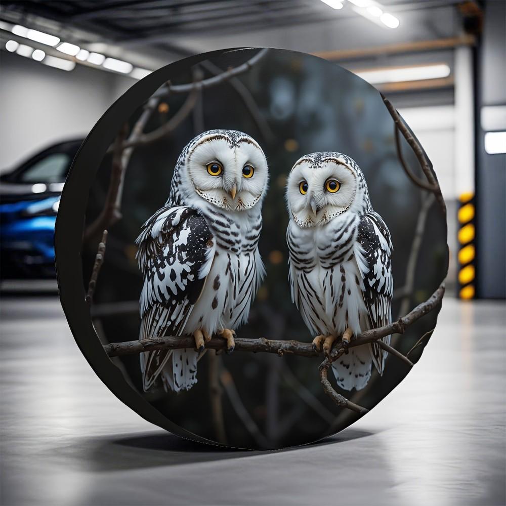 Snowy Owl Pair Graphic Polyester Spare Tire Cover Durable Waterproof Outdoor Accessory