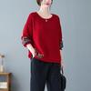 2024 Autumn/Winter Plus Size Retro Ethnic Applique Cotton Knit Women's Loose Round Neck Pullover