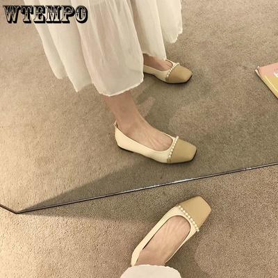 Женские туфли на мягкой подошве в тон, с квадратным носком на низком каблуке, повседневные и удобные, универсальные, темпераментные, модные, элегантные, с жемчугом, туфли на плоской подошве